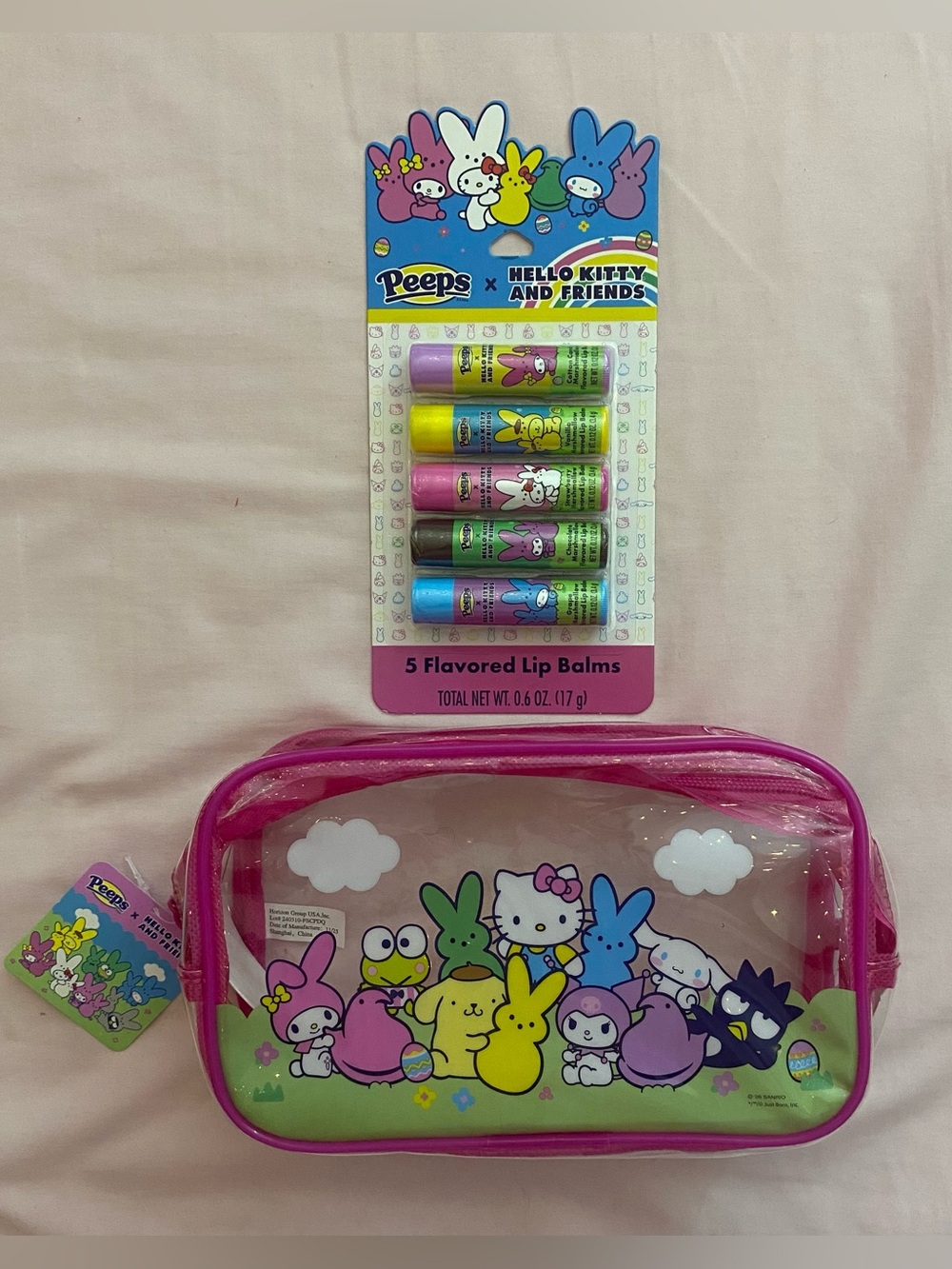 NWT Sanrio Hello Kitty x Peeps Makeup Pouch + 5 Piece Flavored Lip Balm Set